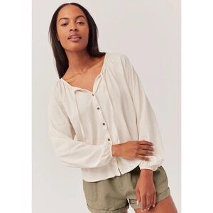 Pact Sea Salt Josie Poet Sleeve Organic Cotton Linen Blend Flowy Top - Size XL